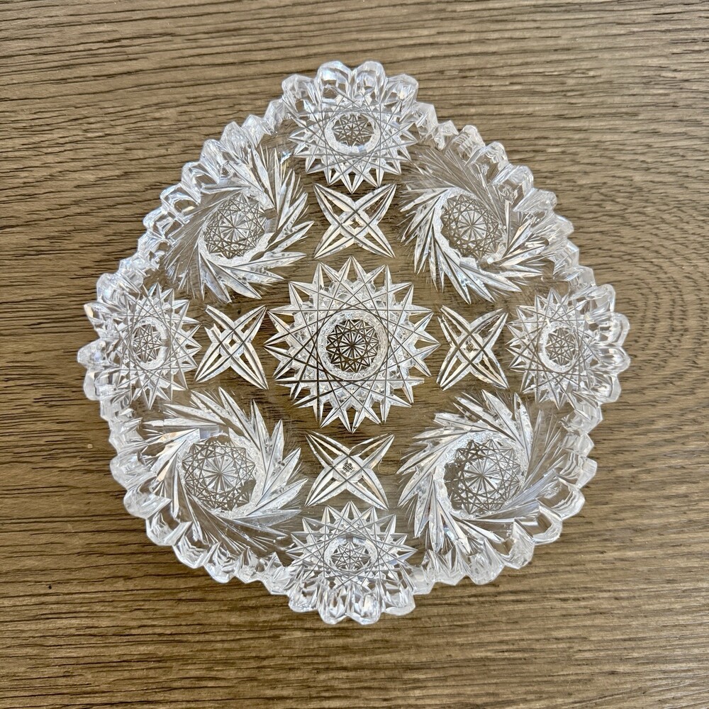 Antique American Brilliant Cut Glass Rare Tricorn Nappy Pinwheel Hobstar ABP 6”